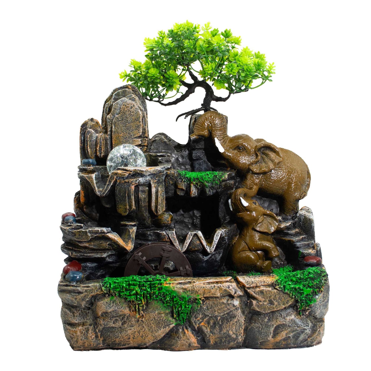 Fuente decorativa de mesa con elefantes enamorados, bola de cristal, luz y molino de agua (30x20x35cm)