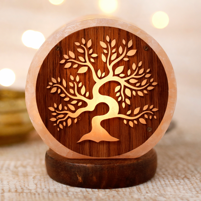 Árbol de la vida calado, lámpara sal del Himalaya USB