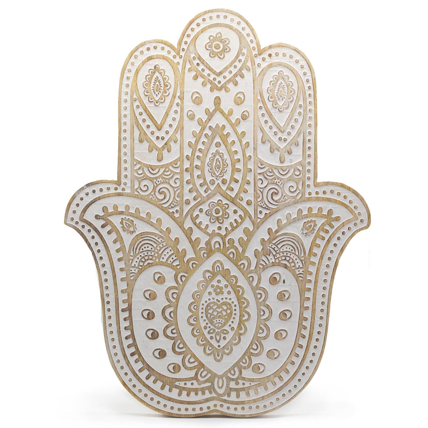 Placa de pared Mano de Hamsa en madera de Mango - Blanco