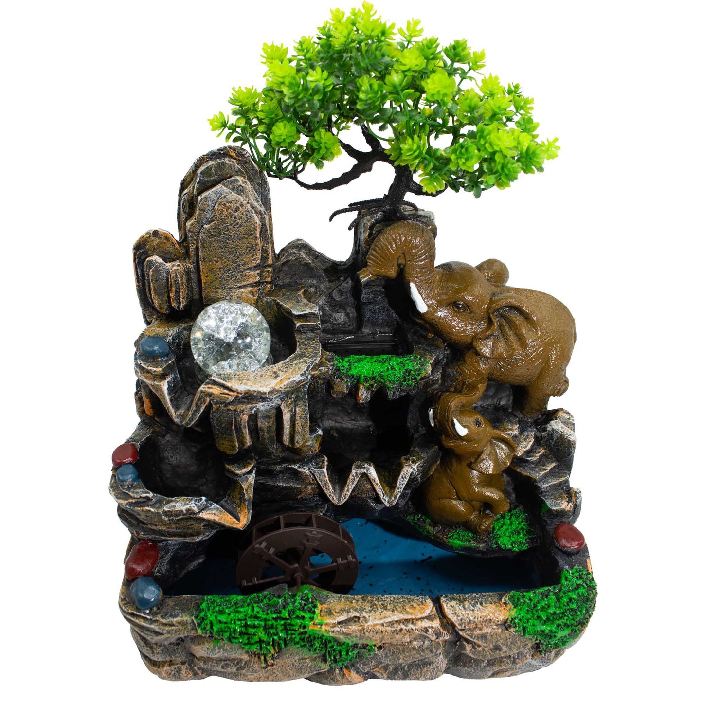 Fuente decorativa de mesa con elefantes enamorados, bola de cristal, luz y molino de agua (30x20x35cm)